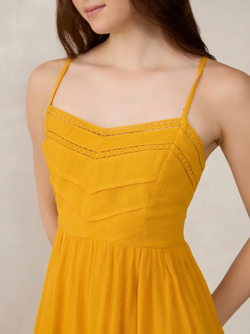 Outzidr Mustard Mustard Aline Mini Dress With Lace Detail for Women | Best Price UAE